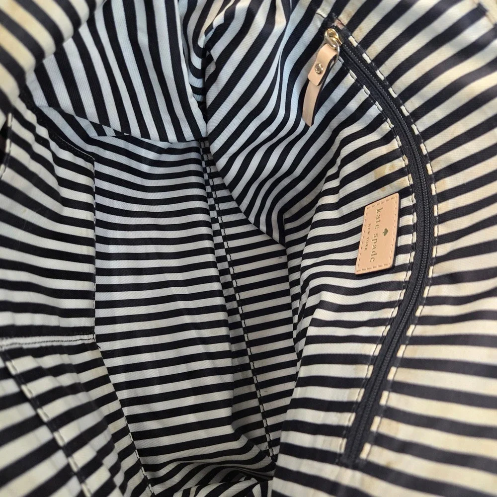 vintage Kate Spade NY White Leather Tote Bag Turn Lock Pocket Striped Lining